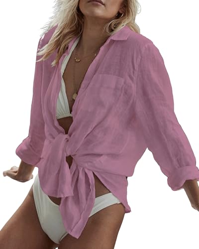 Image of Bsubseach Women Long Sleeve Beach Shirt Blouses Bathing Suit Cover Up Button Down Collar