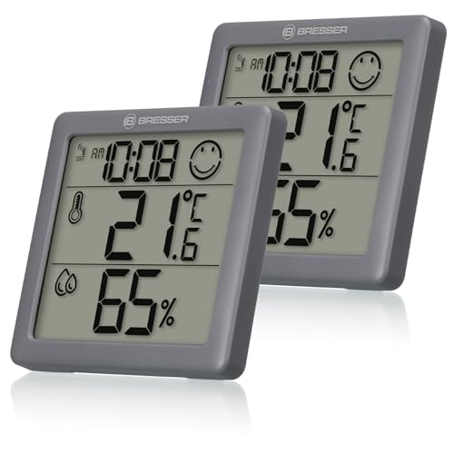 Bresser Thermometer Hygrometer Climate Smile 2er-Set zum Aufstellen oder zur Wandmontage mit Raumklima-Indikator als Smiley, anthrazit