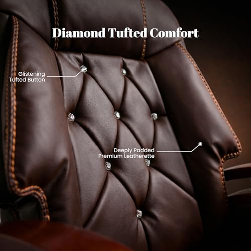 Image of Premium High Back Leatherette Wooden Base & Handle Office Chair for Director & Executive | Revolving Recliner, Soft Heavy Cushion, Brown Colour | 5 Year Warranty | Free Assembly
