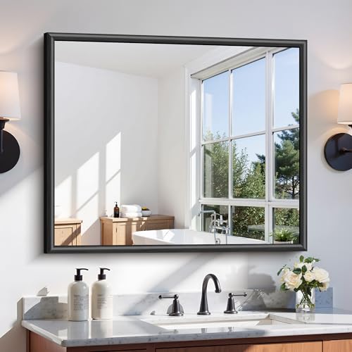 NIMURY 30x36 Inch Brushed Black Bathroom Mirror Raised Metal Framed Bathroom Vanity Mirror for Over Sink Anti-Rust Shatterproof Rectangle Wall Mirror Hangs Horizontally or Vertically