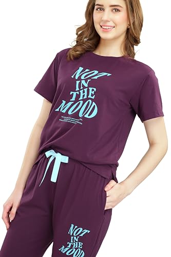 Image of ZEYO Women's Cotton Typography Wide Bottom Night Suit Set of Top & Pyjama
