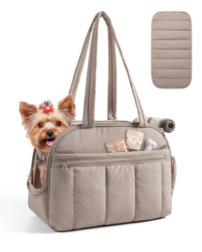 BAGSMART Dog Purse Carrier for Small Dogs Up to 13lbs Puppy Travel Tote Bag | Quilted Puffy Soft Sided Pet Handbag with Pockets, Collapsible Lightweight Portable Carrying with Safety Tether & Mat, Brown