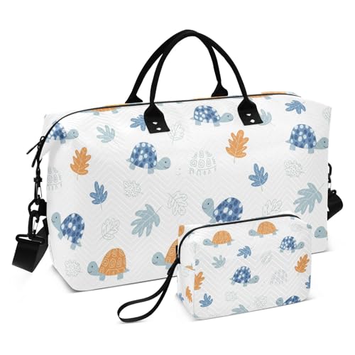 Cartoon Turtle Leaves Travel Duffel Bag for Men Women with Makeup Bag Weekend Overnight Carry On Bags for Travel Yoga Gym