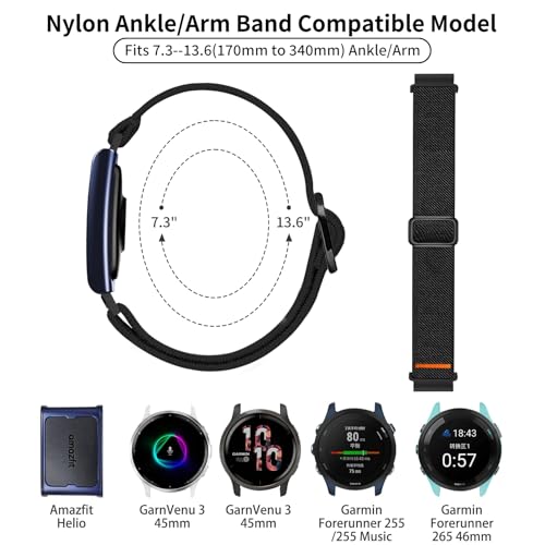 Image of 22mm Nylon Sport Ankle /Arm Band Compatible with Amazfit Helio Strap, Elastic Braided Bicep Band Replacement for Garmin Venu 3 /Venu 2 /Vivoactive 4 /Forerunner 255 265 /Galaxy Watch 3 45mm 46mm