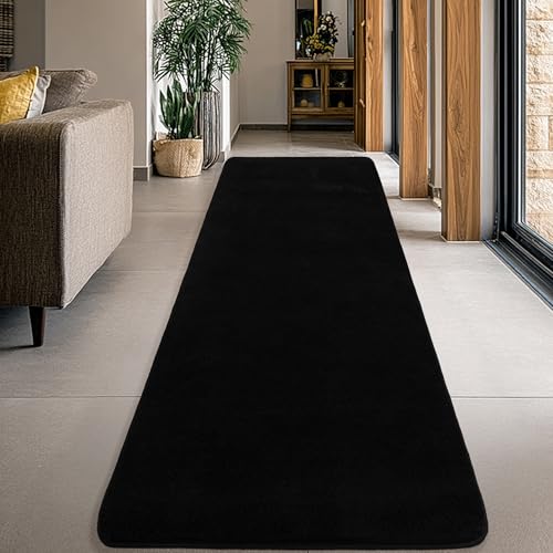 Image of Large Modern Runner Rugs for Living Room Bedroom, 2x6 Feet Black Ultra Soft Thickened Memory-Foam Indoor Rug, Comfy Aesthetic Solid Minimalist Carpets for Girls Boys Nursery Dorm Home Decor