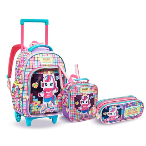 Kit Mochila Rodinha Gamer Unicórnio Meninas Escolar