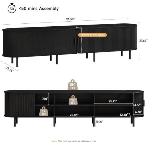 Image of ONBRILL 94.5 inch TV Stand with Power Outlet for TVs up to 102 Inch, Entertainment Center with Storage and Adjustable Shelves, Modern Media Console with Sliding Doors for Living Room, Black
