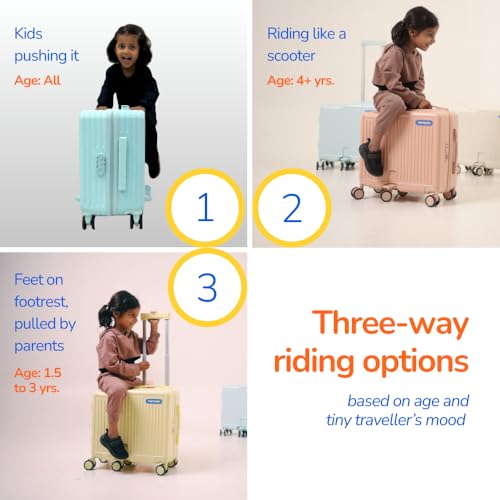 Image of nomado Scoot-Case 6-Wheel Cabin Bag for Kids, Polycarbonate Shell Ride-On Suitcase with Footrest, Phone Holder & Lock, 40L Capacity, Luggage for Boys & Girls, Trolley Bag with 4 Bag Hooks (Peach)