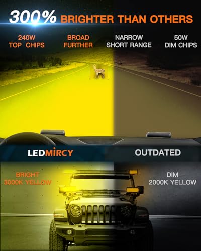 LEDMIRCY 7 Inch LED Light Bar Kit with Rocker Switch Wiring Harness 2PCS Yellow LED Pod Lights Triple Rows Spot Flood Combo Beam 2 Lead Waterproof Off Road Lights for Truck Boat ATV SUV UTV