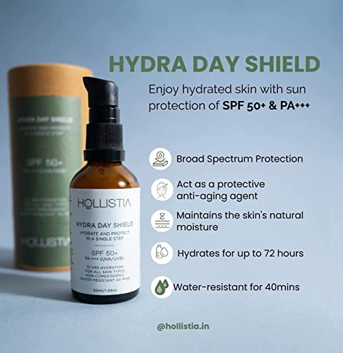 Image of Hydra Day Shield Sunscreen SPF 50 PA+++ | 72 hour Hydration All Skin Types | Broad Spectrum UVA & UVB Protection | Lightweight, Water & Sweat Resistant | No White Cast for Women & Men | 50ml