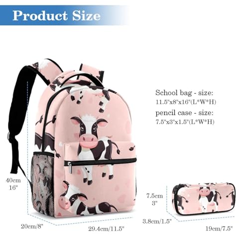 Sac à dos vache rose avec trousse à crayons résistant grand format