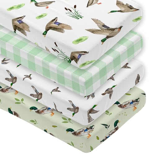 Image of 4 Pack Mallard Duck Baby Crib Sheet for Girl or Boys, Green Gingham Fitted Crib Sheet Soft Breathable, Mallard Duck Nursery Decor for Standard Mattresses Gift Set 28 x 52 in