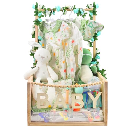 PIIOSER Baby Shower Crate Closet, Multifunctional Wooden & Acrylic Visible Baby Storage Crate with Handle, Newborn Welcome Gifts Basket for Boys Girls, Pregnancy Gifts for New Parents(Beige)