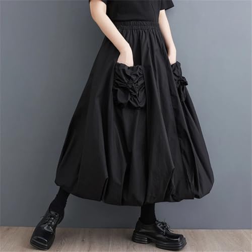 Women's Vintage Midi Skirt Solid Patchwork Pockets Asymmetric High-Waisted A-Line Long Skirts4