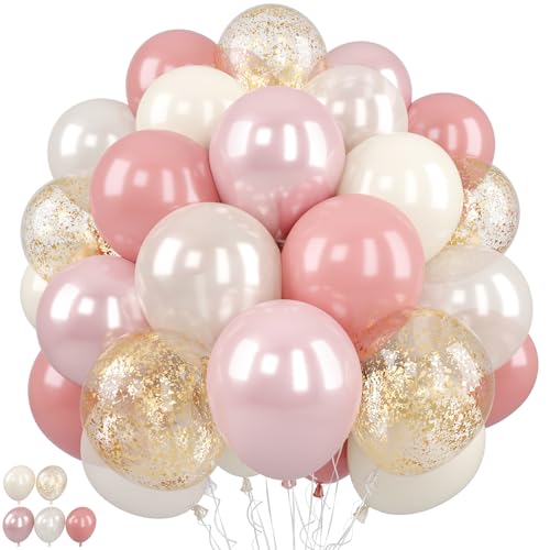Image of Biapian Pink And Gold Balloons, 50Pcs 12 Inch Retro Blush Pink Cream White Double Stuffed Metallic Gold Confetti Boho Ballon For Birthday Bridal Shower Wedding Party Decorations