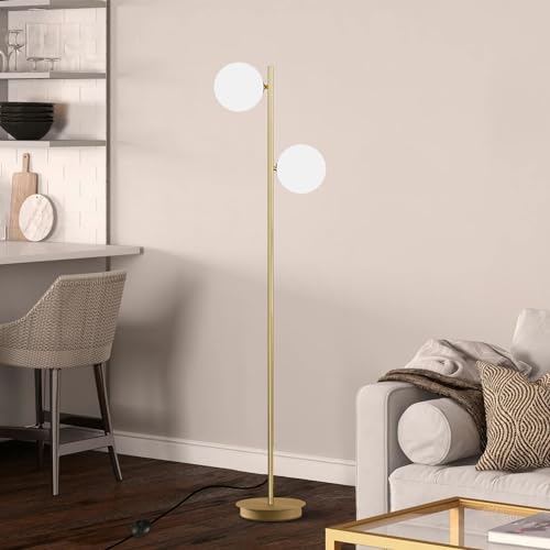 Image of 2 Light Mid Century Modern Floor Lamp for Living Room Retro Vintage Tall Standing Lamp with Frosted Glass Globe Shade Brass Floor Lamps for Office Hotel Bedroom