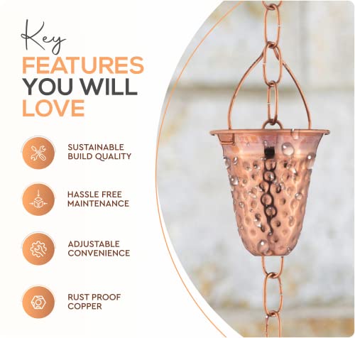 Marrgon Copper Hammered Rain Chain – Decorative Chimes & Cups Replace Gutter Downspout & Divert Water Away from Home for Stunning Fountain Display – 8.5’ Long for Universal Fit – Bell Style
