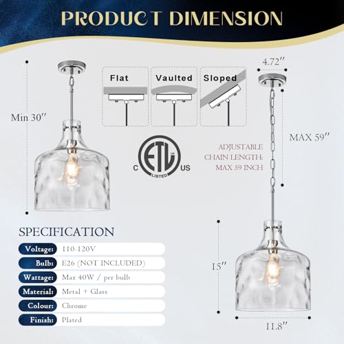 Image of 12 inch Chrome Farmhouse Pendant Light, Hammered Glass, E26 Hanging Light | Chrome hammered glass pendant light with adjustable chain, E26 socket, ideal for kitchen islands and dining rooms