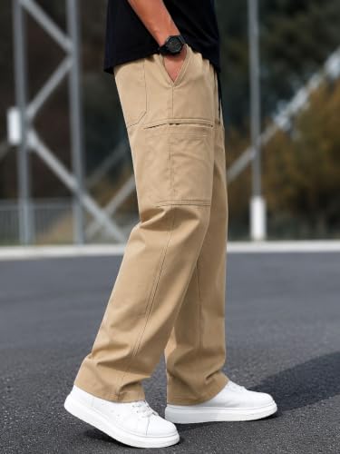 Image of Cargo Cotton Pants for Men's| Relaxed Fit Cargo Trousers| Multi Pocket Casual Streetwear Bottom| Drawstring Elastic Waistband Utility Pants for Men| Comfortable Lower for Men