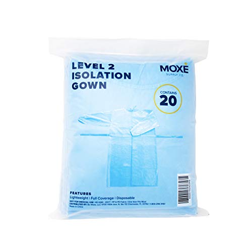 MOXE Level 2 Disposable PPE Isolation Gowns - Full Coverage, Lightweight, Protective Aprons, Personal Protection, Fluid Resistant, Double Tie Back, Elastic Cuffs, Fully Closed, Unisex (20 Gowns)