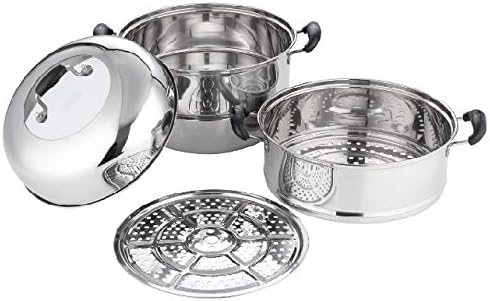 Miniatura 2 de Olla de vapor de acero inoxidable de 2 niveles, compatible con inducción, doble base, caja de regalo (12.6 in)