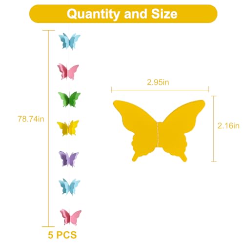 Image of BEISHIDA 5 Pieces 3D Colorful Butterfly Paper Garland Hanging Decorative Banner for Home Ceiling Decor Birthday Party Baby Shower Wedding Theme Showcase Decoration Supplies Total 393 Inch Length