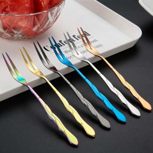 HOUDERCO Lot de 10 Fourchettes à Fruits en Acier Inoxydable Fourchettes à Dessert à Deux Dents Argentées Piques à Fruits Réutilisables pour Fête Apéritif Bar et Hôtel
