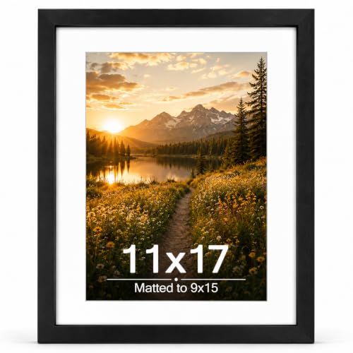 Image of JCJMY 11x17 Picture Frame with 9x15 Mat, Black 11 x 17 Poster Frame with Shatter Resistant Plexiglass, Display 9 x 15 with Mat or 11 by 17 Without Mat, Sturdy Wall Hanging Frame, 1 Pack