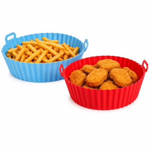 Image of Cutting EDGE Silicone Air Fryer Basket | Non Stick & Reusable Baking Tray | Round Liners With Ear Handles, Heat Resistant Oven Cooking Accessories (Set of 2, Red & Blue - Color)