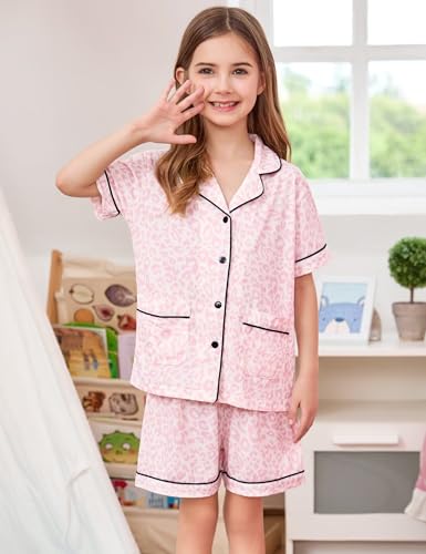 SWOMOG Girls Pajamas Set Kids Button-Down PJs 2 Pcs Soft Lounge Sets Summer Short Sleeve Sleepwear4