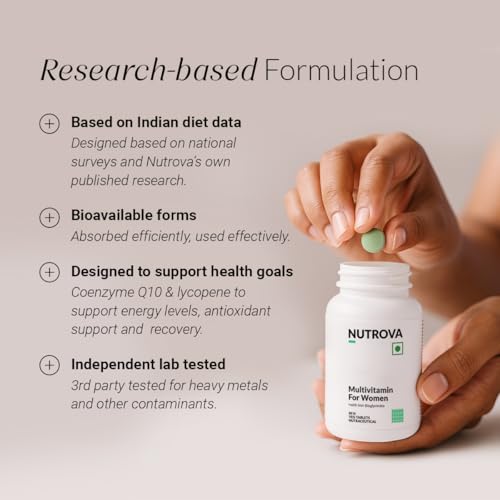 Image of Nutrova Multivitamin For Women - Daily Multivitamins with bioavailable Iron bisglycinate, CoQ10 and Lycopene - Optimized for Indian Diets - 60 Tablets.