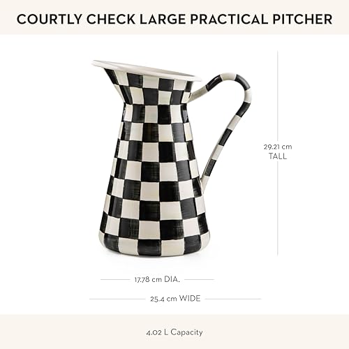 MACKENZIE-CHILDS-Practical-Enamel-Pitcher-with-Spout-Drink-Pitcher-for-Iced-Tea-or-Water-Flower-Vase-Large-Black-and-White-Courtly-Check MACKENZIE CHILDS Practical Enamel Pitcher with Spout Drink Pitcher for Iced Tea or Water Flower Vase Large Black and White Courtly Check