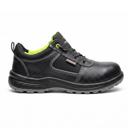 Image of Contablue Men's Leather Industrial Safety Shoes - Lightweight Steel Toe Work Shoes for Construction & Factories, Water Resistant, Anti-Skid Double Density PU Sole, All-Day Comfort Cushioning