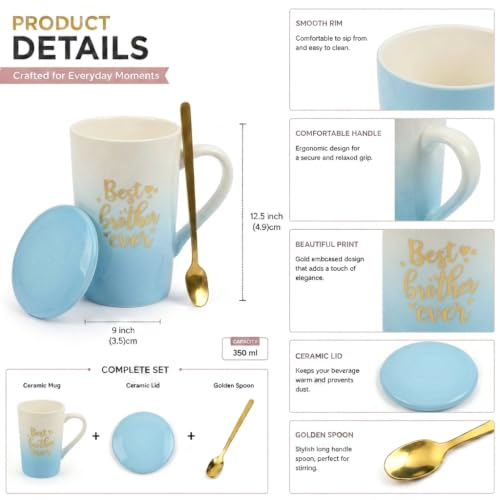 Image of ZAICUS Best Brother Ever Coffee Mug with Lid & Spoon, Gift for Brother | Suitable for Hot & Cold Beverages | Ceramic Mug | Elegant White & Blue Gradient Finish