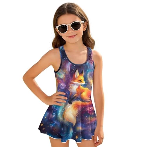 Uacyareni Traje de baño de una pieza con falda de secado rápido para niñas, traje de baño para niñas de 3 a 13 años, Galaxy Fox, 8-9 años