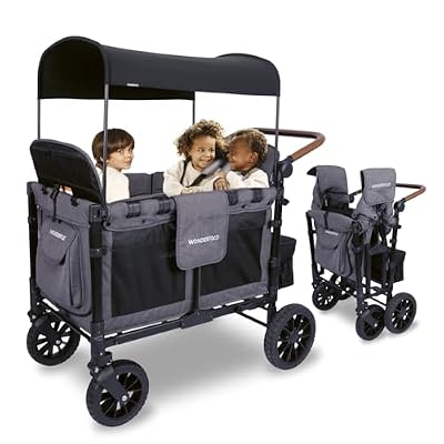 WonderFold W4 Luxe Stroller Wagon - Collapsible Stroller Wagon with Steel Frame - Adjustable Canopy & Push Handle - XL All-Terrain Wheels - for Babies, Toddlers & Kids - 4 Seater - Gray