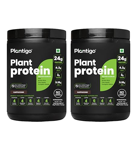 Image of Plantigo Clean Plant Protein Powder | No Preservatives, No Banned Substances | Super Protein Blend - Pea, Brown Rice, Flax | Vegan Green Protein For Men, Women (Cappuccino Coffee - 1 kg x Pack of 2)