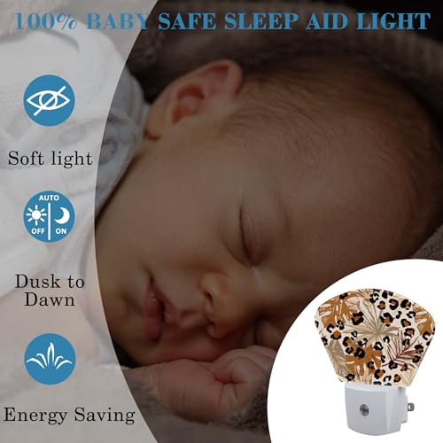 Image of Abstract Leopard Tropical Leaves Night Light Plug into Wall, Camouflage Spots Leaves Night Light with Dusk to Dawn Sensor for Kid Girls Boys Women Men Room, Hallway, Kitchen, Bathroom, Stairs Decor