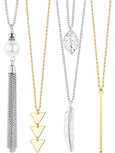 Long Pendant Necklace Set, Layer Simple Bar Necklace Tassel Y Strands for Women (Style 3, 4 Pieces)