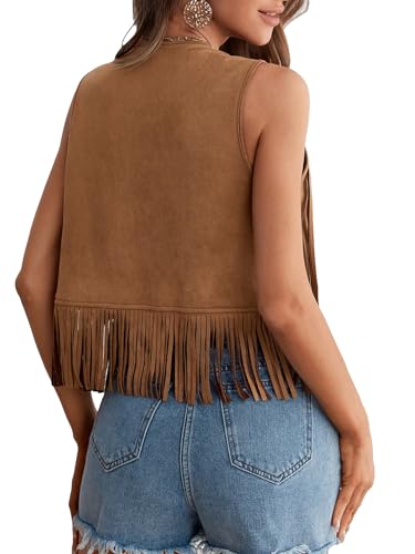 GORGLITTER Women's Tassel Fringe Sleeveless Vest Suede 70s Hippie Cowgirl Country Concert Western Jacket Outfits2