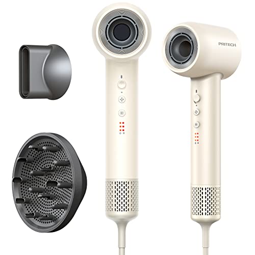 Pritech High Speed Hair Dryer 1600W Ionic Blow Dryer Of 110,000 Rpm Brushless Motor With Diffuser For Curly Hair,Professional Hairdryer With Led Display,5 Temps & 3 Speeds (White) #TOP17