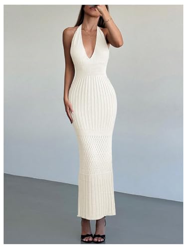 Image of GORGLITTER Women's Crochet Dress Halter Backless Bodycon Deep V Neck Long Knit Maxi Dresses Summer Beach Outfits 2026