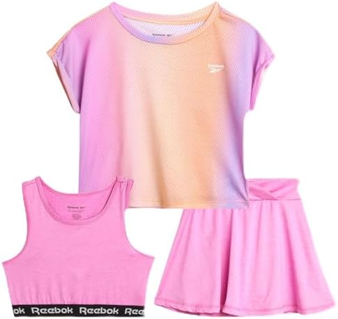 Reebok Girls&#39; Active Skirt Set - 3 Piece Mesh T-Shirt, Crop Tank Top, and Athletic Skort - Girls Summer Activewear Set (7-12)
