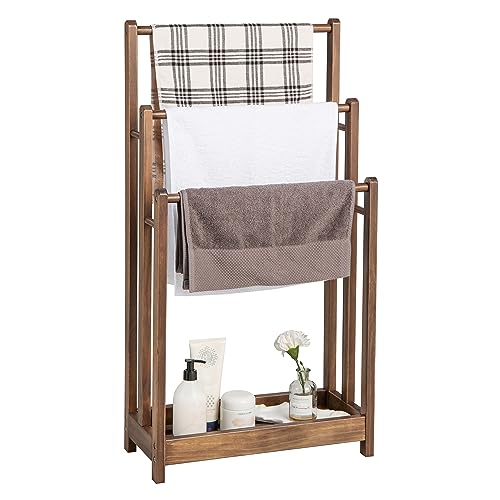 LIFEZEAL Toallero de Pie, Toallero de Ducha de Madera, Toallero de Baño de Pie con 3 Toalleros y Estante, Toallero de Pie con 3 Brazos para Baño (Marrón)
