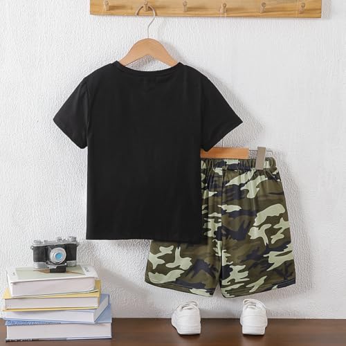 Image of Boys' 2 Piece Summer Outfit Cool Dinosaur & Camouflage Graphic Short Sleeve Tee & Shorts Set Size 4-12