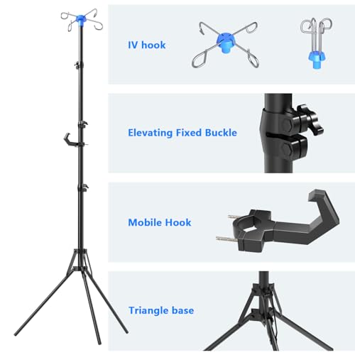 Foldable IV Pole Stand with 4 Hooks,Travel Portable Tripod IV Pole Holder with Adjustable Height for Home Care and Travel