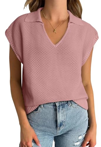 Image of Womens Summer Cap Sleeve Sweater,Polo V Neck Crochet Hollow Out Sleeveless Oversized Tops 2024