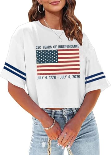 4th of July Shirts Women American Flag Crop Tops USA Patriotic T-Shirt Memorial Day Graphic Tee Tops (White-3,M)
