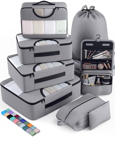 Veken 8 Set Packing Cubes for Travel Essentials, Suitcase Organizer Bags in 4 Sizes, Carry-On Luggage Accessories with Large Laundry & Hanging Toiletry Bag, Must-Have for Airplane, Road Trip & Camping