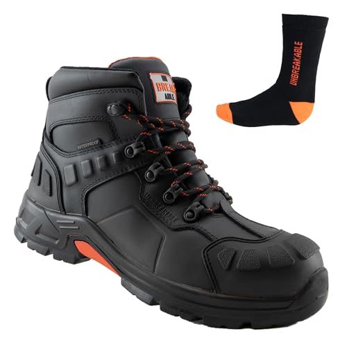 Image of Unbreakable Mens Hurricane Leather Safety Boots Composite Toe Cap Non Metallic Metal Free Lightweight S3 SRC Slip Resistant Waterproof Work Boots, Black, 8 UK